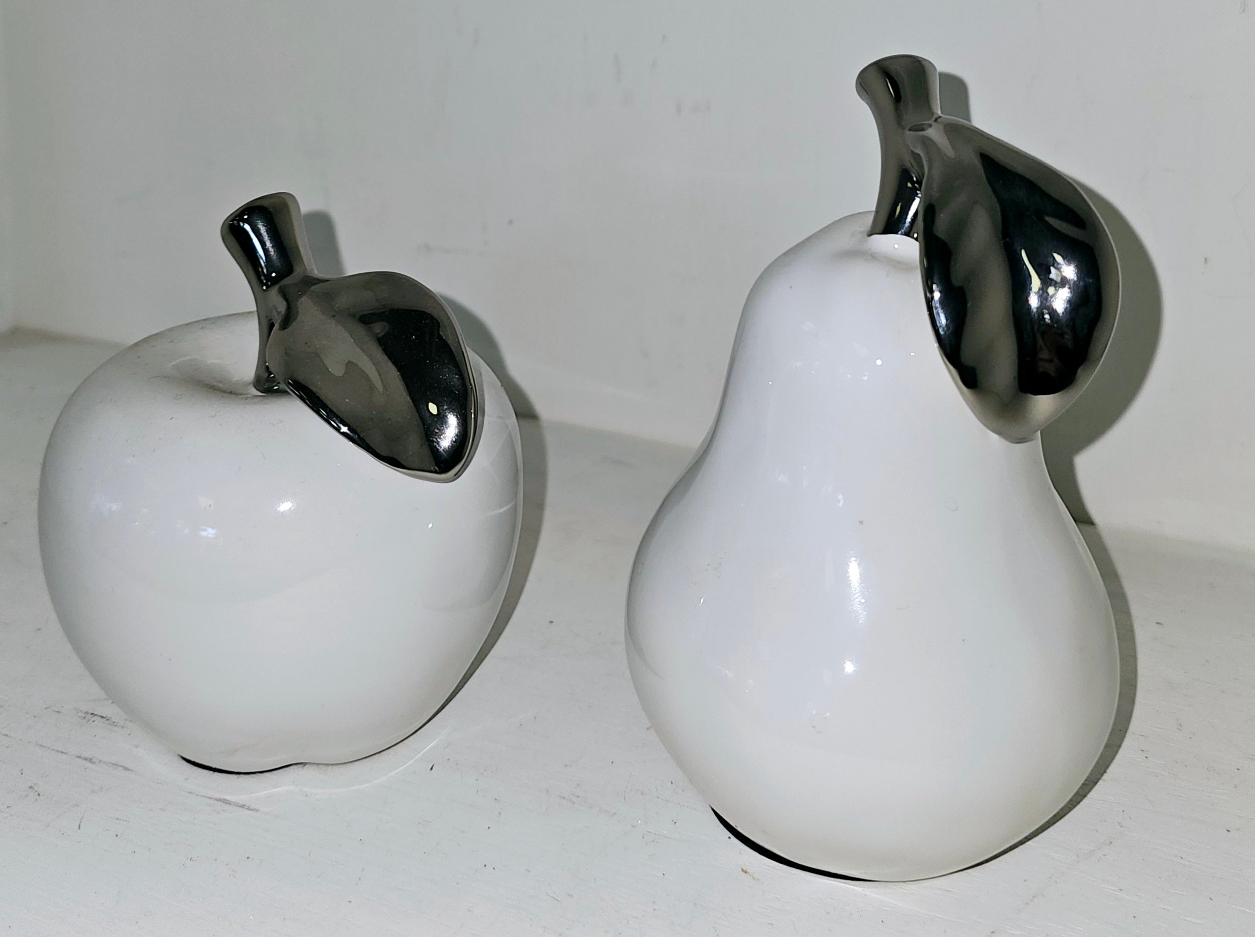 Orchard White Ceramic Silver Tipped Pear & Apple Decor Sculpture